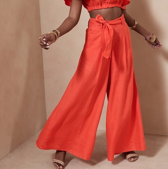 Banana Republic Meridian Linen Pant. Size 14 Petite. Coral Sunset - Picture 1 of 16